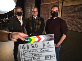 From left, playwright David van Belle, actor Ted Dykstra as Scrooge and director Daryl Cloran as the Citadel is redoing A Christmas Carol using the Rice Theatre as a sound stage and are filming the production in a digital format so they can release it during the holiday season online in Edmonton, November 12, 2020. Ed Kaiser/Postmedia