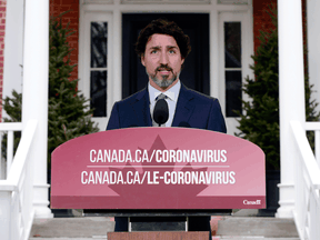 Prime Minister Justin Trudeau holds his daily COVID-19 briefing at Rideau Cottage in Ottawa on May 15, 2020.