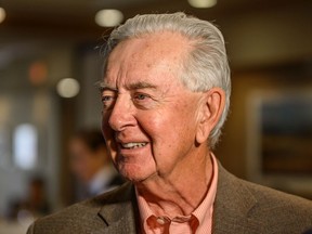Reform Party founder Preston Manning speaks with the media after talking on Populism:The Western Canadian ExperienceÓ to Canadian Club of Calgary at Ranchmen's Club on Wednesday, September 25, 2019.