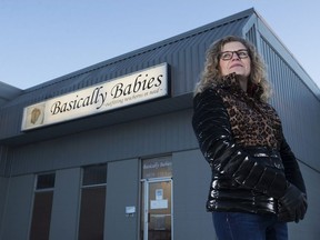Basically Baby board member Janet Wilson is seen in front of the organization’s headquarters, Thursday, Dec. 3, 2020. Basically Babies is an Edmonton organization that helps infants in need with clothing for a year. It recently had a trailer used to store donated clothing stolen.