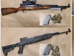 Police seized two loaded SKS semi-automatic rifles with attached high capacity prohibited magazines, a loaded sawed-off shotgun, ammunition, stolen licence plates, break-and-enter tools and a small amount of methamphetamine after searching a truck in Lacombe, on Dec. 2, 2020.