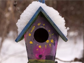An artfully decorated bird house is covered in fresh snow in Whitemud Park in Edmonton, on Tuesday, Dec. 15, 2020.
