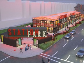 A rendering for Station Park, a proposed retail space constructed from shipping containers on the southeast corner of Whyte Ave and Gateway Boulevard.