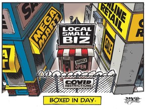 Local small businesses are boxed in by big retail and Covid restrictions. (Cartoon by Malcolm Mayes)