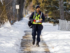 A Canada Post employee delivers mail in Edmonton's Garneau neighbourhood, Wednesday Dec. 16, 2020. Photo by David Bloom