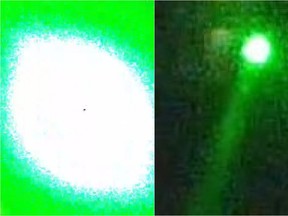 Left: A green laser as seen from inside Edmonton police's Air-1 helicopter. Right: 
Right: A green laser shined into the sky out a window in southwest Edmonton. Composite image, supplied by Edmonton Police Services.