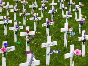 A memorial of crosses was made outside of the Camilla Care Community which has been affected by the coronavirus disease (COVID-19) in Mississauga, Ontario, Canada May 19, 2020.