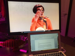 A photo of Linda Grass starring in The Look, presented virtually by Northern Light Theatre, while being viewed and reviewed at home.