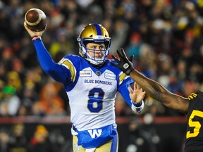 Zach Collaros of the Winnipeg Blue Bombers passes against the Hamilton Tiger-Cats during the 107th Grey Cup Championship Game at McMahon Stadium on Nov. 24, 2019 in Calgary.