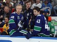 Vancouver Canucks Quinn Hughes and Elias Pettersson take part in the 2020 NHL All-Star Skills competition at the Enterprise Center on Jan. 24, 2020 in St Louis, Missouri.
