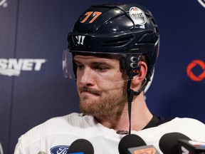 Edmonton Oilers defenceman Oscar Klefbom (77) speaks with media ahead of a game at Rogers Place on March 6, 2020.