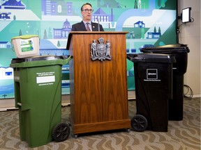 Michael Labrecque, Branch Manager with the City of Edmonton and the new garbage bins as part of the city's new source-separated collection program.