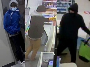 Edmonton police are seeking suspects after a series of southside robberies at four Shoppers Drug Mart pharmacies and one cannabis shop between Dec. 21, 2020 and Jan. 6, 2021. (SUPPLIED PHOTO/EPS)