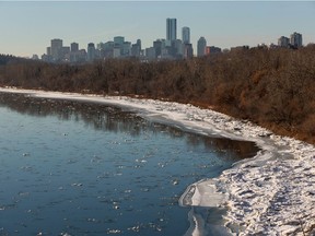 Downtown is seen from the Capilano Footbridge over the North Saskatchewan River in Edmonton, on Saturday, Jan. 9, 2021.