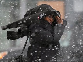 A pedestrian battles the wind and snow in downtown Edmonton on Wednesday January 13, 2021 when winter returned to the region.