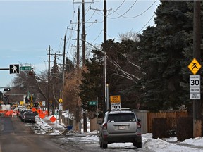 These are the existing power lines along 156 Street on Jan. 19, 2021. Residents of Lynnwood are angry about large, overhead power lines proposed by Epcor that would run past a school and resident's front yards along 156 Street from 84 Avenue to Whitemud Drive.