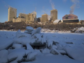 Ice piles up on the NorthSaskatchewan river near downtown Edmonton on Thursday, Jan. 28, 2021.