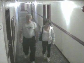 Bradley Barton, left, and Cindy Gladue are shown on surveillance video at the Yellowhead Inn in 2011. Barton's trial was postponed Monday after the accused developed COVID-19 symptoms.