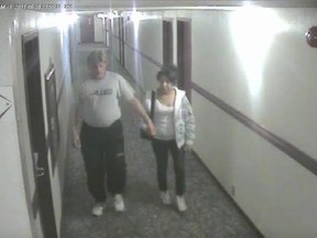 Bradley Barton and Cindy Gladue are shown on surveillance video at the Yellowhead Inn on the first of two nights the pair spent together. Supplied by court
