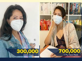 Bianca Amor, who opened her first Liquidation Supercentre in Calgary when she was just 13 years old, says her business is donating 1,000,000 masks, 70,000 face shields, 50,000 disposable aprons and 30,000 eight-ounce bottles of hand sanitizer. SUPPLIED