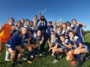 L.A. Galaxy Women OC celebrate after capturing the United Women's Soccer championship, 1-0, over Foothills FC at Mount Royal University in Calgary on July 21, 2019.