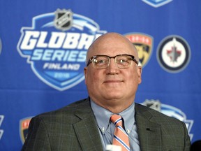 National Hockey League deputy commissioner Bill Daly speaks to the media prior to the NHL Global Series between the Florida Panthers and Winnipeg Jets in Helsinki, Finland, on Nov. 1, 2018.