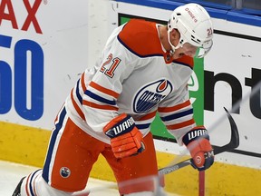 Edmonton Oilers forward Dominik Kahun (21) reacts after scoring on the Toronto Maple Leafs at Rogers Place in Edmonton on Saturday, Jan. 30, 2021.