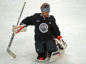 Edmonton Oilers goalie Stuart Skinner takes part in a team practice in Edmonton on Friday Jan. 15, 2021.