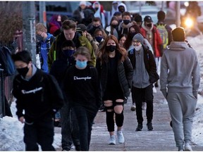 Crescent Heights High School students in Calgary head back to in-person classes on Monday, January 11, 2021. Grades 7-12 in Alberta had been in online classes since the end of November as part of pandemic precautions.