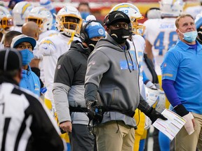 Los Angeles Chargers head coach Anthony Lynn reacts after video review overrules a field call of a Chargers touchdown on Jan. 3, 2021, against the Kansas City Chiefs.