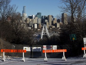 The Edmonton skyline is visible where the Duggan Bridge has been removed, in Edmonton Monday Jan. 18, 2021. The bridge used to be located on Saskatchewan Drive between 106 and 107 Street. The City is undertaking a project to replace the bridge.