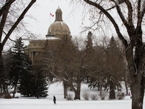 A lone skater enjoys the ice rink below the Alberta Legislature, in Edmonton Wednesday Jan. 27, 2021.
