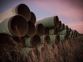 Unused pipe for the proposed Keystone XL pipeline sits in a lot outside Gascoyne, North Dakota, on Oct. 14, 2014.