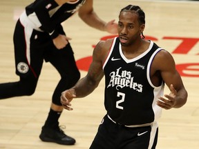 Kawhi Leonard of the Los Angeles Clippers reacts to a play against the Oklahoma City Thunder during the second quarter at Staples Center on Jan. 22, 2021.