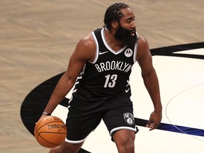 James Harden of the Brooklyn Nets during NBA action against the Milwaukee Bucks at Barclays Center on Jan. 18, 2021.