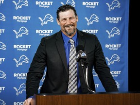 In this image provided by the Detroit Lions, head coach Dan Campbell speaks during a news conference via video on his first day at the NFL football team's practice facility on Jan. 21, 2021 in Allen Park, Mich.