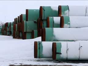 A depot used to store pipes for TC Energy's planned Keystone XL oil pipeline is seen in Gascoyne, North Dakota, January 25, 2017.