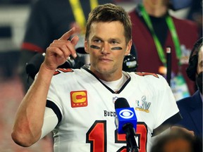 Tom Brady #12 of the Tampa Bay Buccaneers speaks after defeating the Kansas City Chiefs in Super Bowl LV at Raymond James Stadium on Sunday, Feb. 07, 2021 in Tampa, Florida.