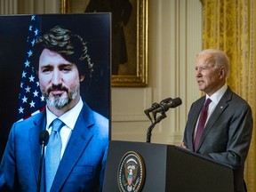 WASHINGTON, DC - FEBRUARY 23:  U.S. President Joe Biden and Canadian Prime Minister Justin Trudeau deliver opening statements via video link in the East Room of the White House February 23, 2021 in Washington, DC. U.S. presidents by tradition invite the Canadian prime minister for their first meeting with a world leader. The ongoing Covid-19 pandemic forced the meeting to be held virtually.