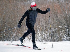 Roberta Hyland, director-at-Large for the Edmonton Birkebeiner Ski Festival, skis at Gold Bar Park in Edmonton on Feb. 4, 2021. The event is going ahead virtually next week.