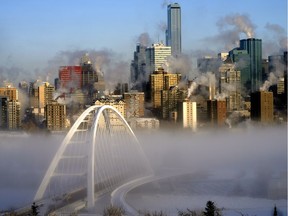 Ice fog shrouds the river valley south of downtown Edmonton on Sunday February 7, 2021. An extreme cold warning has been issued for the Edmonton region with temperatures plunging to -35 C and wind chill values between -40 and -55.