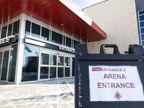The arena entrance is seen to Terwillegar Community Recreation Centre in Edmonton, on Thursday, Feb. 11, 2021. Outside food and drink is no longer permitted inside City of Edmonton facilities in effort to curb rapid spread of Omicron variant.