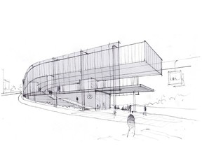 Concept Sketch of Ortona Armoury Station for the proposed Prairie Sky Gondola in Edmonton.
