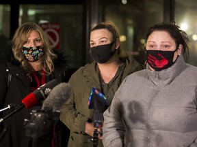 Friends of Cindy Gladue, Lisa Weber,(left)  Brandy Poorman (middle) and Kari Thomason (right) talk to the media after Bradley Barton was found guilty of manslaughter for the killing of Gladue in an Edmonton hotel room nearly a decade ago. Taken on Friday, Feb. 19, 2021 in Edmonton.