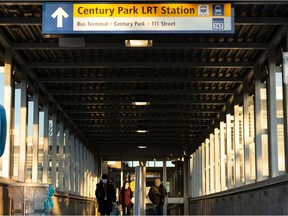 The Century Park LRT Station is seen in Edmonton, on Wednesday, Feb. 24, 2021. The station was the location of the sixth recent attack on a Muslim woman in the city. According to police and the victim, a man threatened a woman in a hijab on Feb. 17 in the station.