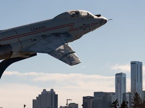An F-101 Voodoo interceptor looks over the city from the Alberta Aviation Museum on a windy day in Edmonton, on Thursday, Feb. 25, 2021.
