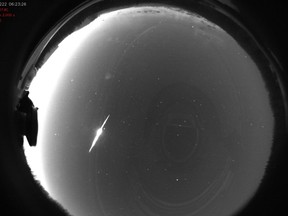 A meteor streaks across the morning sky in Edmonton on Monday, Feb. 22, 2021. (Supplied photo/Athabasca University, Athabasca University GeoSpace Observatory (AUGSO), Principal Investigator: Prof. Martin Connors)