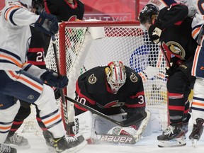 Ottawa Senators goalie Matt Murray (30) makes a save against the Edmonton Oilers at the Canadian Tire Centre on Monday, Feb. 8, 2021.