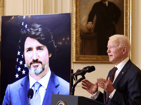 U.S. President Joe Biden and Prime Minister Justin Trudeau, appearing via video conference call, give closing remarks at the end of their virtual bilateral meeting from the White House, February 23, 2021.