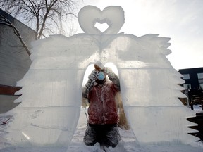 Ice carver Barry Collier works on a sculpture in preparation for the Deep Freeze festival (Feb 5 - 14) at the Alberta Avenue Community League, 9210 118 Ave., in Edmonton Thursday Jan. 28, 2021. Photo by David Bloom